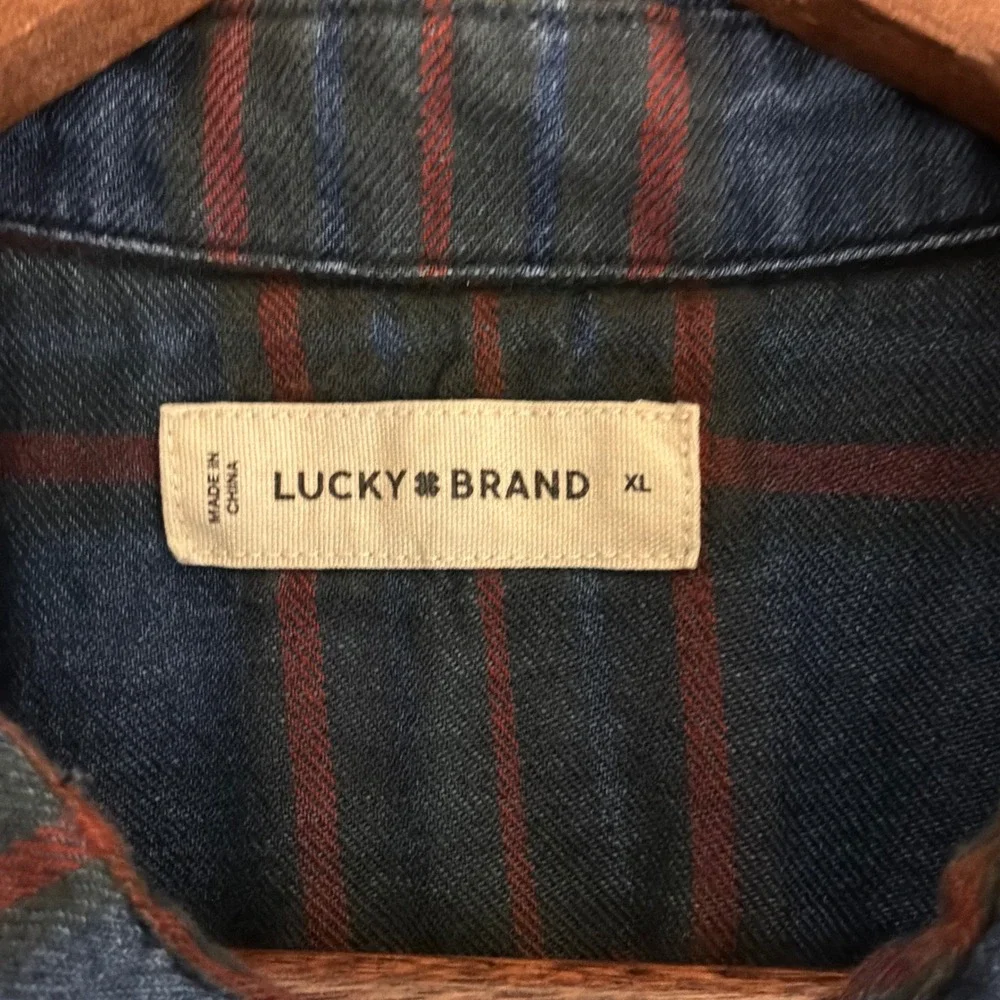 Lucky Brand Plaid Western Shirt Mens XL Blue Red Plaid Excellent Pearl Snap